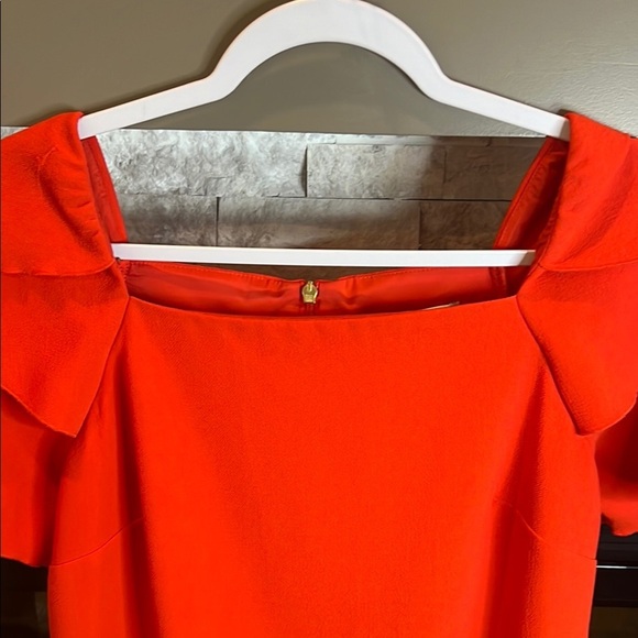 Trina Turk Red Orange Sheath Party Dress, Square Neckline Tiered Sleeves, size 4 - Picture 3 of 13